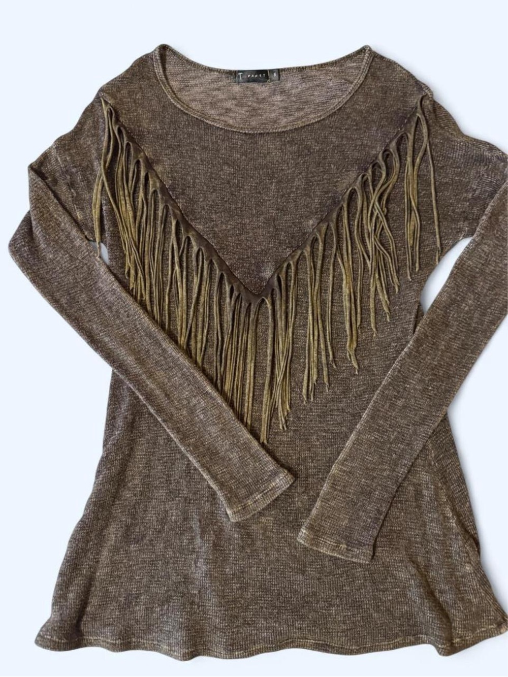 T-Party Fringe Sleeve Top Women's Long Sleeve Brown Small